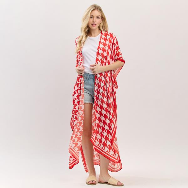 HOUNDSTOOTH PRINT OPEN FRONT LONG KIMONO