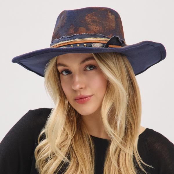 VINTAGE VERSATILE SHAPEABLE COWGIRL & FEDORA HAT WITH DISTRESSED FABRIC & MULTI BAND