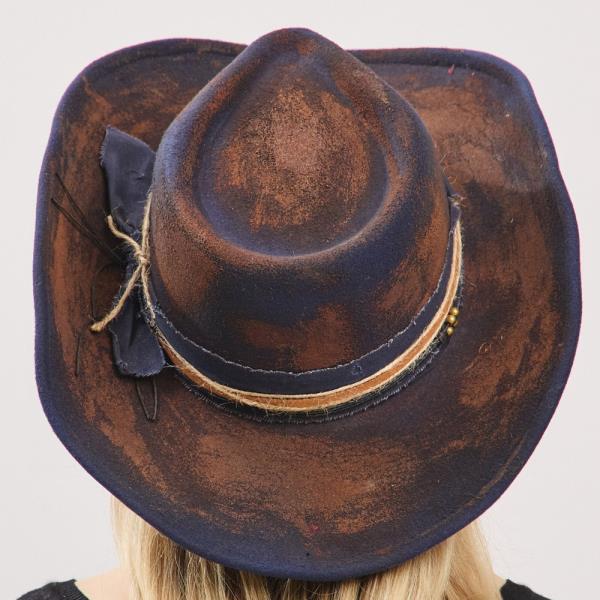 VINTAGE VERSATILE SHAPEABLE COWGIRL & FEDORA HAT WITH DISTRESSED FABRIC & MULTI BAND