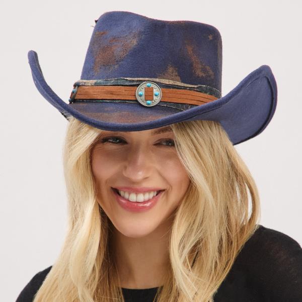 VINTAGE VERSATILE SHAPEABLE COWGIRL & FEDORA HAT WITH DISTRESSED FABRIC & SUEDE BAND