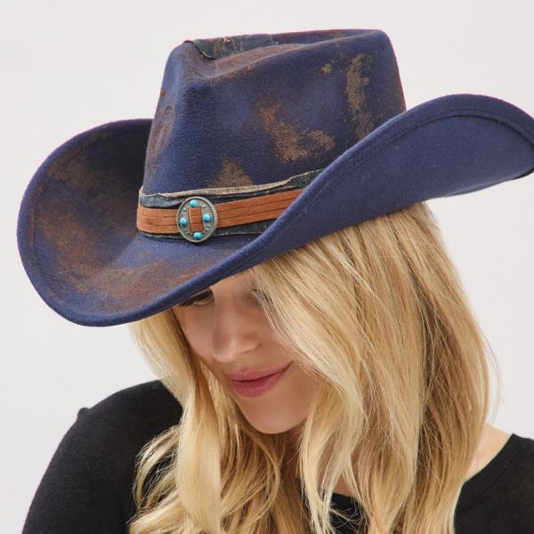 VINTAGE VERSATILE SHAPEABLE COWGIRL & FEDORA HAT WITH DISTRESSED FABRIC & SUEDE BAND