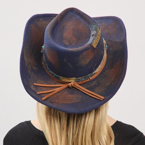 VINTAGE VERSATILE SHAPEABLE COWGIRL & FEDORA HAT WITH DISTRESSED FABRIC & SUEDE BAND
