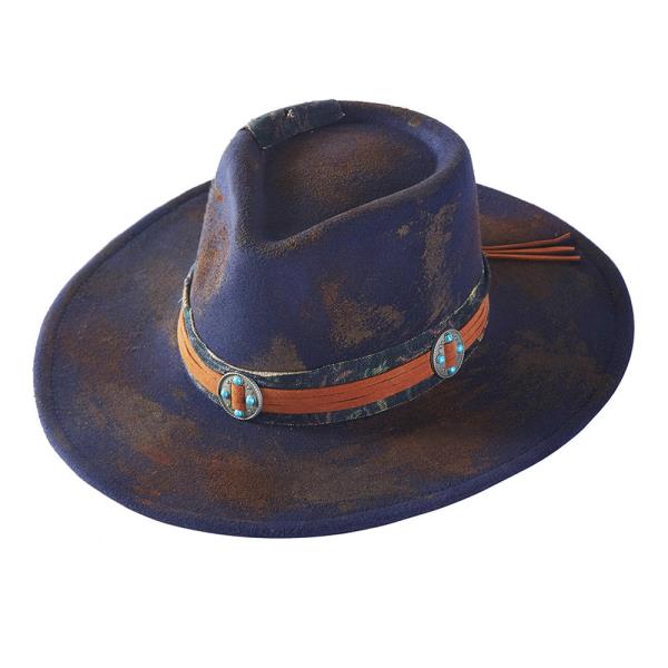 VINTAGE VERSATILE SHAPEABLE COWGIRL & FEDORA HAT WITH DISTRESSED FABRIC & SUEDE BAND