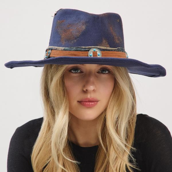 VINTAGE VERSATILE SHAPEABLE COWGIRL & FEDORA HAT WITH DISTRESSED FABRIC & SUEDE BAND