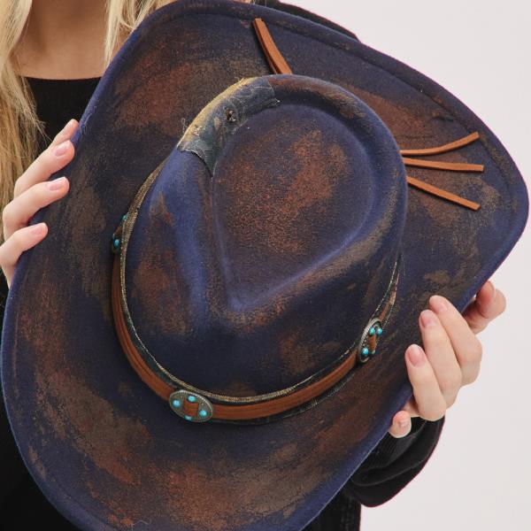 VINTAGE VERSATILE SHAPEABLE COWGIRL & FEDORA HAT WITH DISTRESSED FABRIC & SUEDE BAND