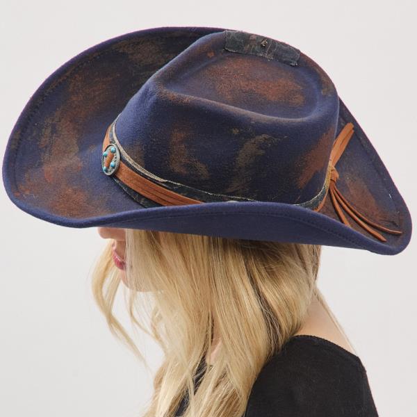 VINTAGE VERSATILE SHAPEABLE COWGIRL & FEDORA HAT WITH DISTRESSED FABRIC & SUEDE BAND