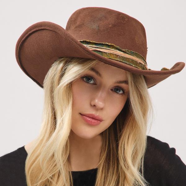 VINTAGE VERSATILE SHAPEABLE COWGIRL & FEDORA HAT WITH DISTRESSED FABRIC & SUEDE BAND. ONE SIZE