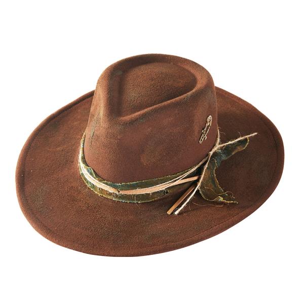 VINTAGE VERSATILE SHAPEABLE COWGIRL & FEDORA HAT WITH DISTRESSED FABRIC & SUEDE BAND. ONE SIZE