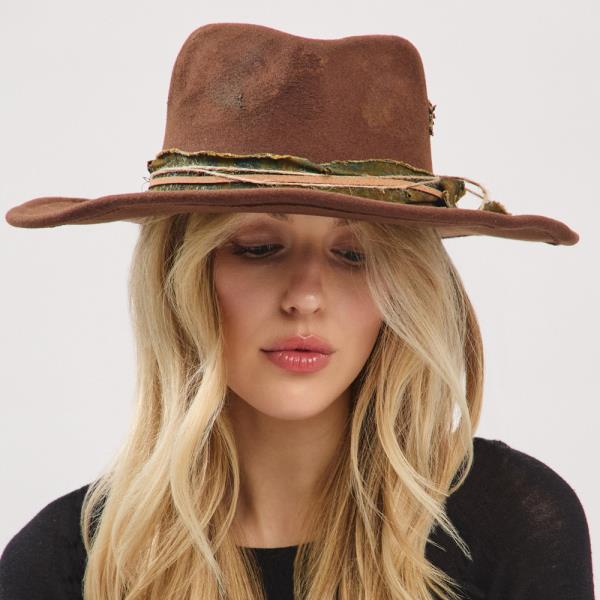 VINTAGE VERSATILE SHAPEABLE COWGIRL & FEDORA HAT WITH DISTRESSED FABRIC & SUEDE BAND. ONE SIZE