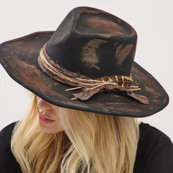 VINTAGE VERSATILE SHAPEABLE COWGIRL & FEDORA HAT WITH FEATHER & DISTRESSED FABRIC BAND