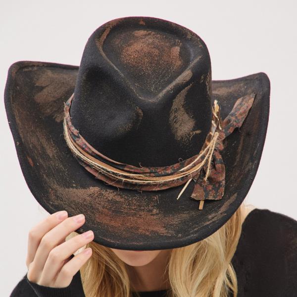 VINTAGE VERSATILE SHAPEABLE COWGIRL & FEDORA HAT WITH FEATHER & DISTRESSED FABRIC BAND
