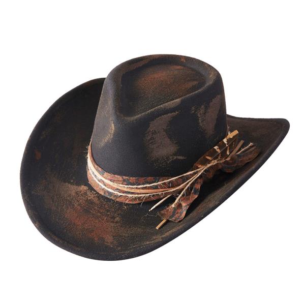 VINTAGE VERSATILE SHAPEABLE COWGIRL & FEDORA HAT WITH FEATHER & DISTRESSED FABRIC BAND