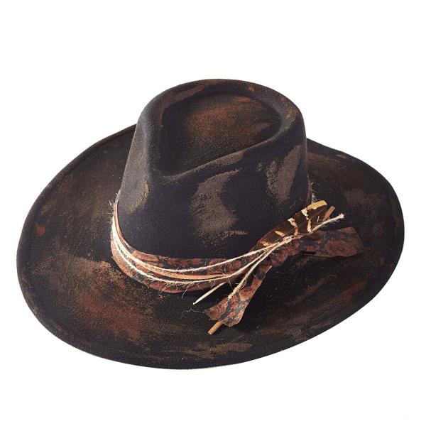 VINTAGE VERSATILE SHAPEABLE COWGIRL & FEDORA HAT WITH FEATHER & DISTRESSED FABRIC BAND