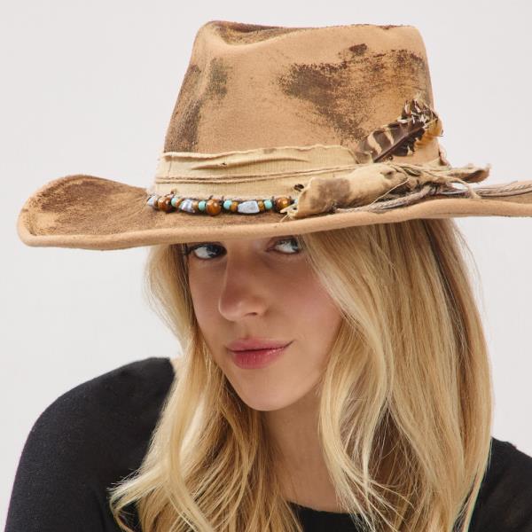 VINTAGE VERSATILE SHAPEABLE COWGIRL & FEDORA HAT WITH FEATHER & DISTRESSED FABRIC BAND