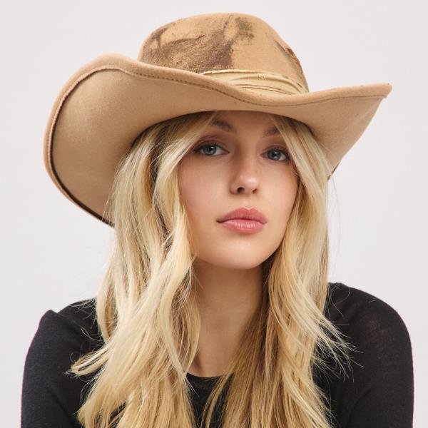 VINTAGE VERSATILE SHAPEABLE COWGIRL & FEDORA HAT WITH FEATHER & DISTRESSED FABRIC BAND