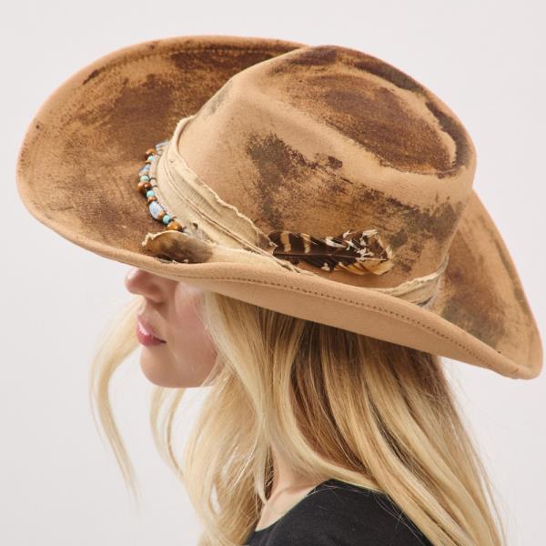 VINTAGE VERSATILE SHAPEABLE COWGIRL & FEDORA HAT WITH FEATHER & DISTRESSED FABRIC BAND