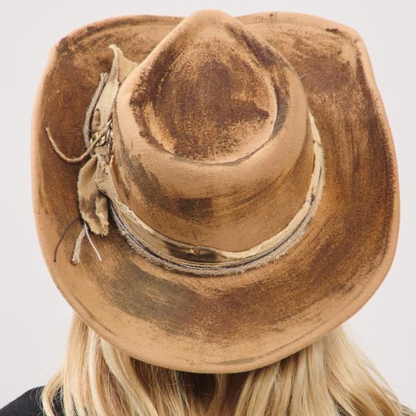 VINTAGE VERSATILE SHAPEABLE COWGIRL & FEDORA HAT WITH FEATHER & DISTRESSED FABRIC BAND