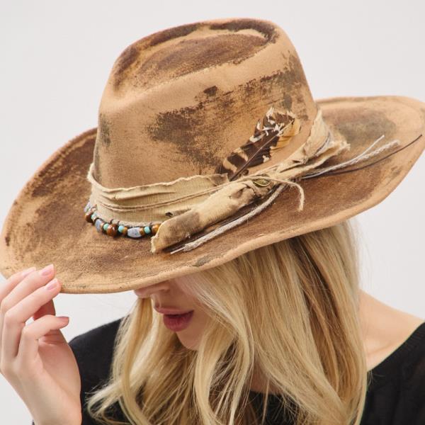 VINTAGE VERSATILE SHAPEABLE COWGIRL & FEDORA HAT WITH FEATHER & DISTRESSED FABRIC BAND