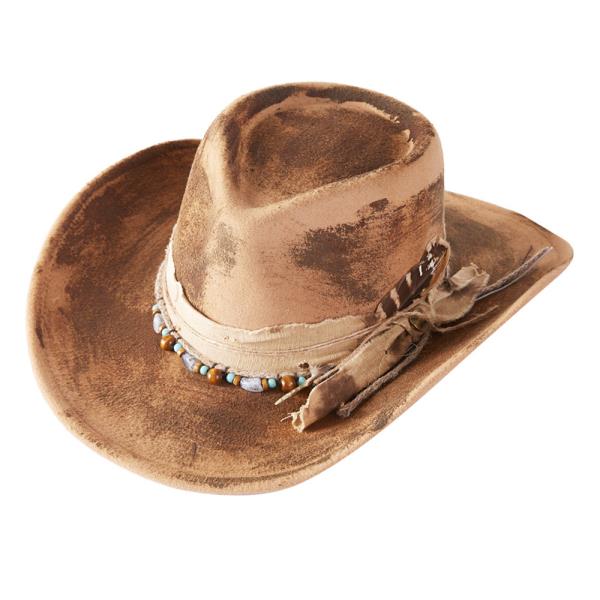 VINTAGE VERSATILE SHAPEABLE COWGIRL & FEDORA HAT WITH FEATHER & DISTRESSED FABRIC BAND