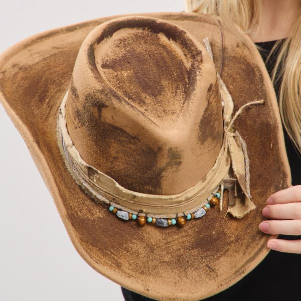 VINTAGE VERSATILE SHAPEABLE COWGIRL & FEDORA HAT WITH FEATHER & DISTRESSED FABRIC BAND