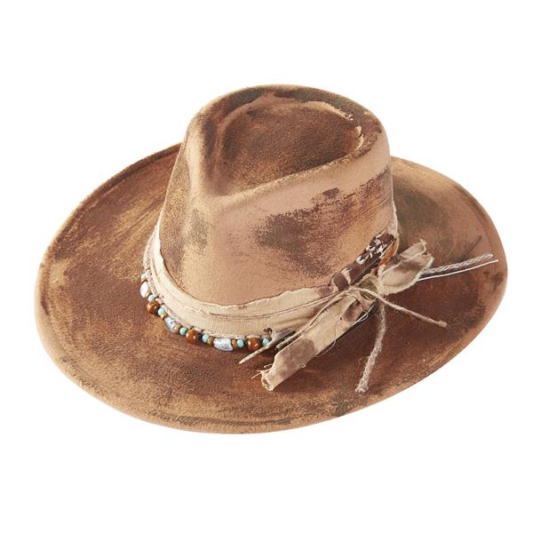 VINTAGE VERSATILE SHAPEABLE COWGIRL & FEDORA HAT WITH FEATHER & DISTRESSED FABRIC BAND