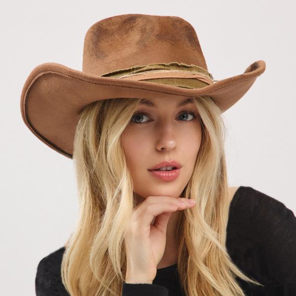 VINTAGE VERSATILE SHAPEABLE COWGIRL & FEDORA HAT WITH DISTRESSED FABRIC BAND