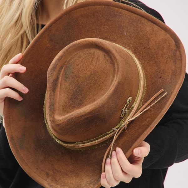 VINTAGE VERSATILE SHAPEABLE COWGIRL & FEDORA HAT WITH DISTRESSED FABRIC BAND
