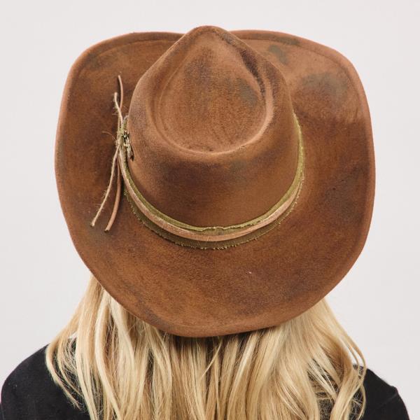 VINTAGE VERSATILE SHAPEABLE COWGIRL & FEDORA HAT WITH DISTRESSED FABRIC BAND