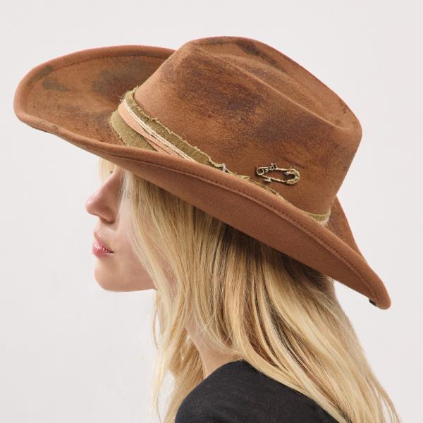 VINTAGE VERSATILE SHAPEABLE COWGIRL & FEDORA HAT WITH DISTRESSED FABRIC BAND