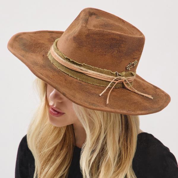 VINTAGE VERSATILE SHAPEABLE COWGIRL & FEDORA HAT WITH DISTRESSED FABRIC BAND