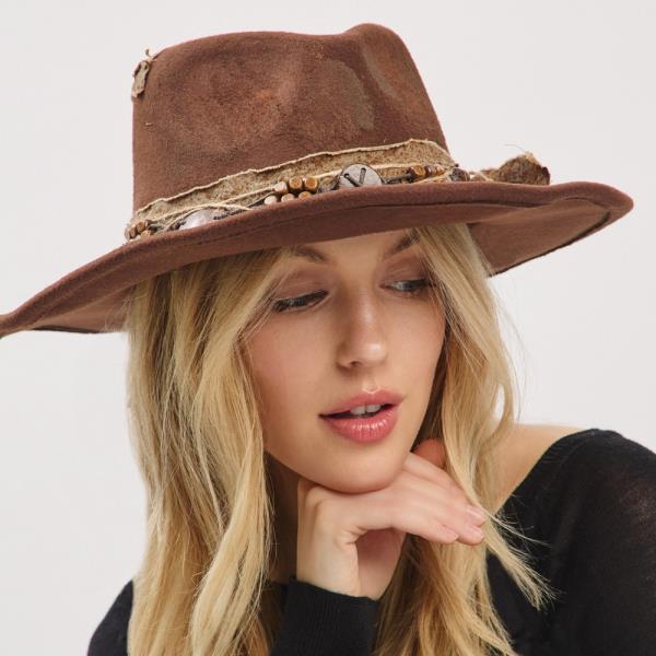 VINTAGE VERSATILE SHAPEABLE COWGIRL & FEDORA HAT WITH FEATHER & DISTRESSED FABRIC BAND
