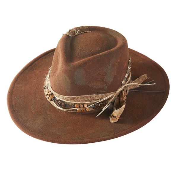 VINTAGE VERSATILE SHAPEABLE COWGIRL & FEDORA HAT WITH FEATHER & DISTRESSED FABRIC BAND