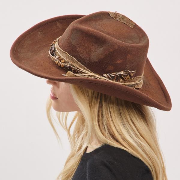 VINTAGE VERSATILE SHAPEABLE COWGIRL & FEDORA HAT WITH FEATHER & DISTRESSED FABRIC BAND