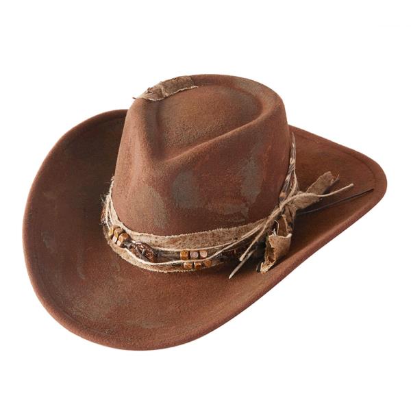 VINTAGE VERSATILE SHAPEABLE COWGIRL & FEDORA HAT WITH FEATHER & DISTRESSED FABRIC BAND