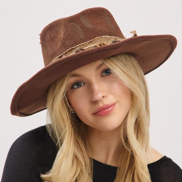 VINTAGE VERSATILE SHAPEABLE COWGIRL & FEDORA HAT WITH FEATHER & DISTRESSED FABRIC BAND