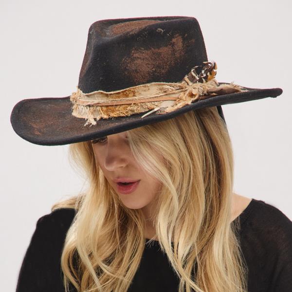 VINTAGE VERSATILE SHAPEABLE COWGIRL & FEDORA HAT WITH FEATHER & DISTRESSED FABRIC BAND