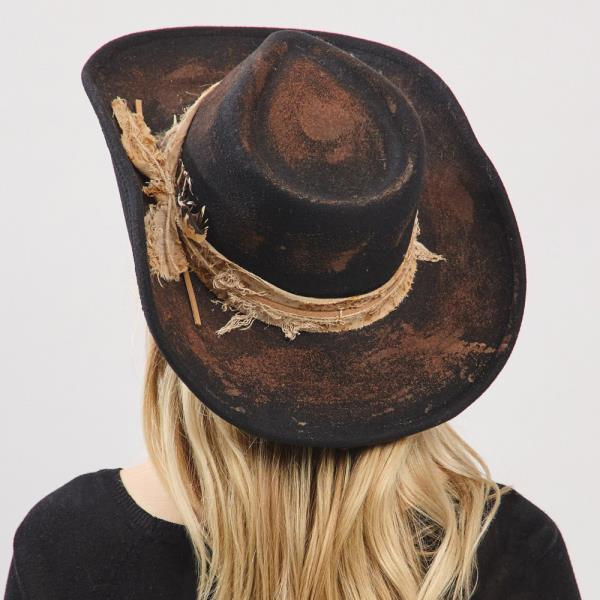 VINTAGE VERSATILE SHAPEABLE COWGIRL & FEDORA HAT WITH FEATHER & DISTRESSED FABRIC BAND