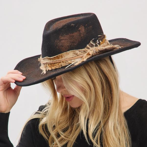 VINTAGE VERSATILE SHAPEABLE COWGIRL & FEDORA HAT WITH FEATHER & DISTRESSED FABRIC BAND