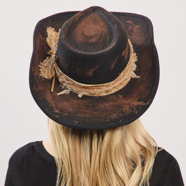 VINTAGE VERSATILE SHAPEABLE COWGIRL & FEDORA HAT WITH FEATHER & DISTRESSED FABRIC BAND
