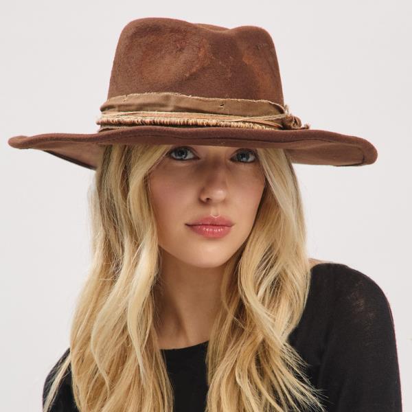 VINTAGE VERSATILE SHAPEABLE COWGIRL & FEDORA HAT WITH DISTRESSED FABRIC BAND