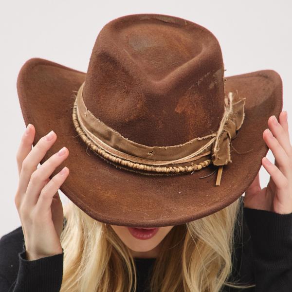VINTAGE VERSATILE SHAPEABLE COWGIRL & FEDORA HAT WITH DISTRESSED FABRIC BAND