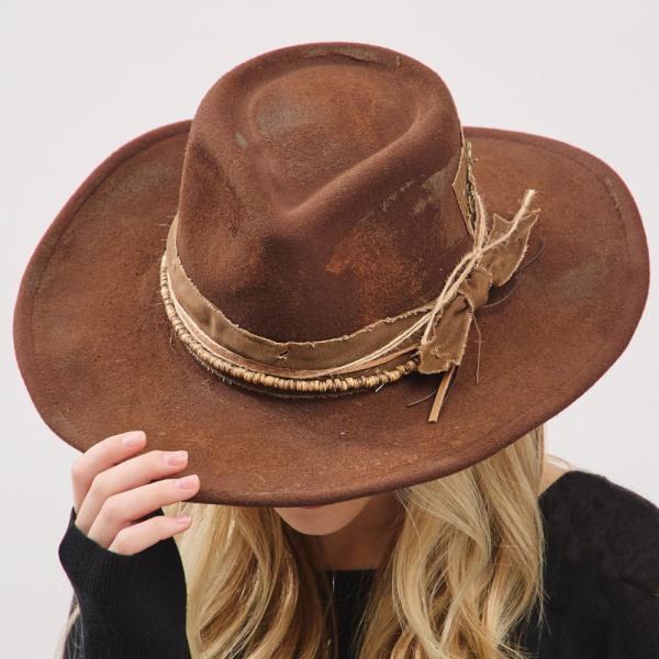 VINTAGE VERSATILE SHAPEABLE COWGIRL & FEDORA HAT WITH DISTRESSED FABRIC BAND
