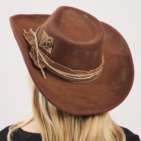 VINTAGE VERSATILE SHAPEABLE COWGIRL & FEDORA HAT WITH DISTRESSED FABRIC BAND