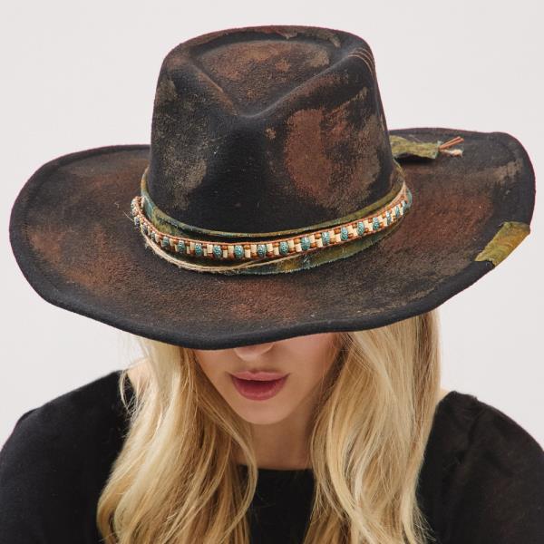 VINTAGE VERSATILE SHAPEABLE COWGIRL & FEDORA HAT WITH DISTRESSED FABRIC BAND. ONE SIZE