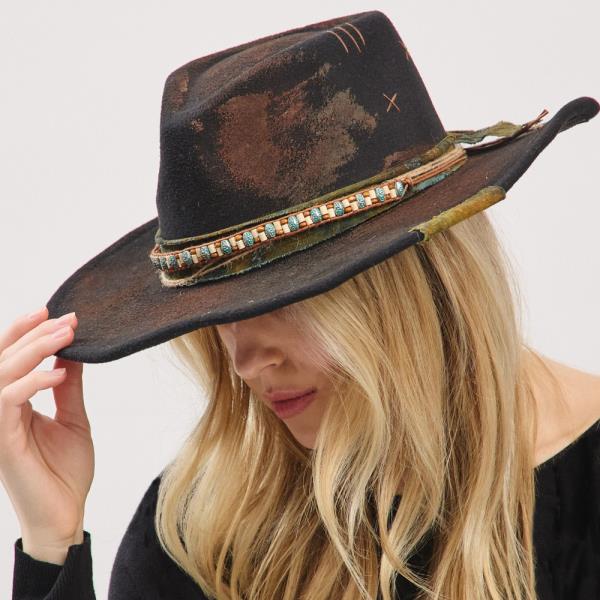 VINTAGE VERSATILE SHAPEABLE COWGIRL & FEDORA HAT WITH DISTRESSED FABRIC BAND. ONE SIZE