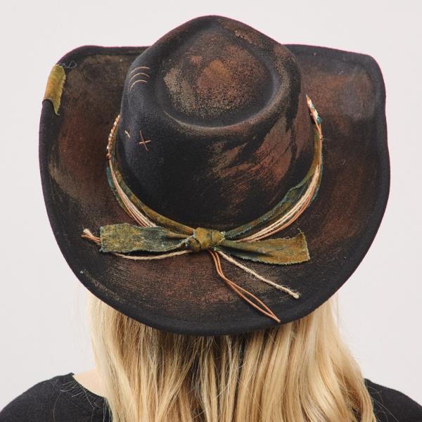 VINTAGE VERSATILE SHAPEABLE COWGIRL & FEDORA HAT WITH DISTRESSED FABRIC BAND. ONE SIZE