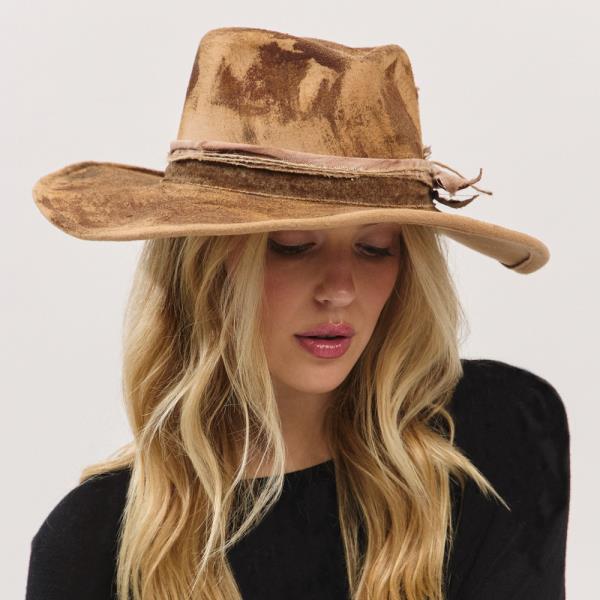 VINTAGE VERSATILE SHAPEABLE COWGIRL & FEDORA HAT WITH FEATHER & DISTRESSED FABRIC BAND