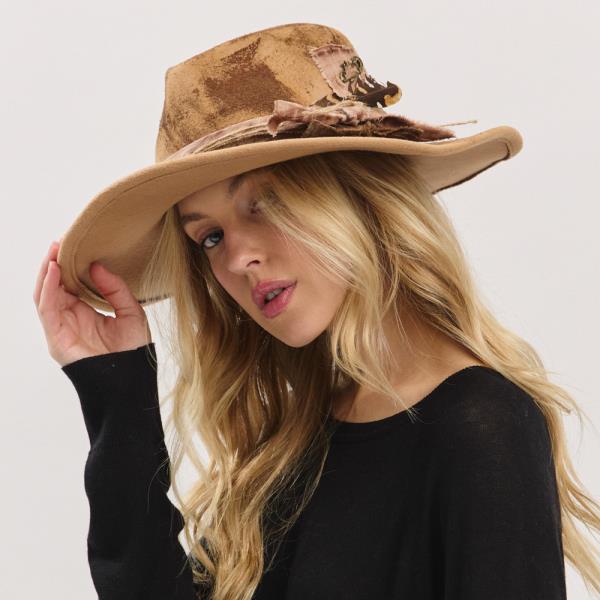 VINTAGE VERSATILE SHAPEABLE COWGIRL & FEDORA HAT WITH FEATHER & DISTRESSED FABRIC BAND