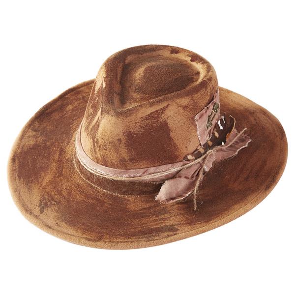 VINTAGE VERSATILE SHAPEABLE COWGIRL & FEDORA HAT WITH FEATHER & DISTRESSED FABRIC BAND