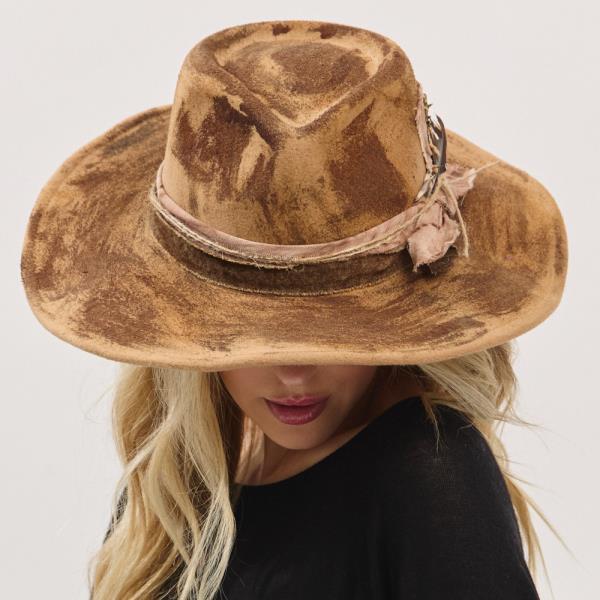 VINTAGE VERSATILE SHAPEABLE COWGIRL & FEDORA HAT WITH FEATHER & DISTRESSED FABRIC BAND